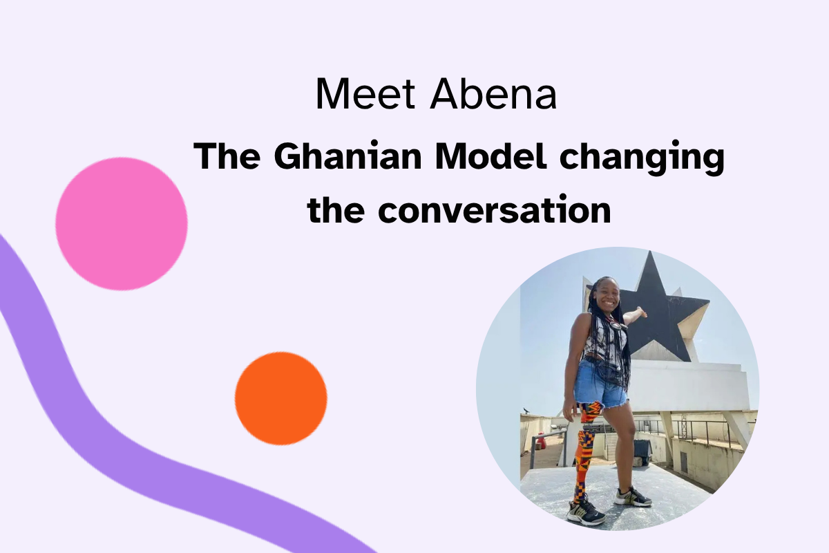 Abena wears Kento designed prosthetic standing in front of the black star for the Black Star show
